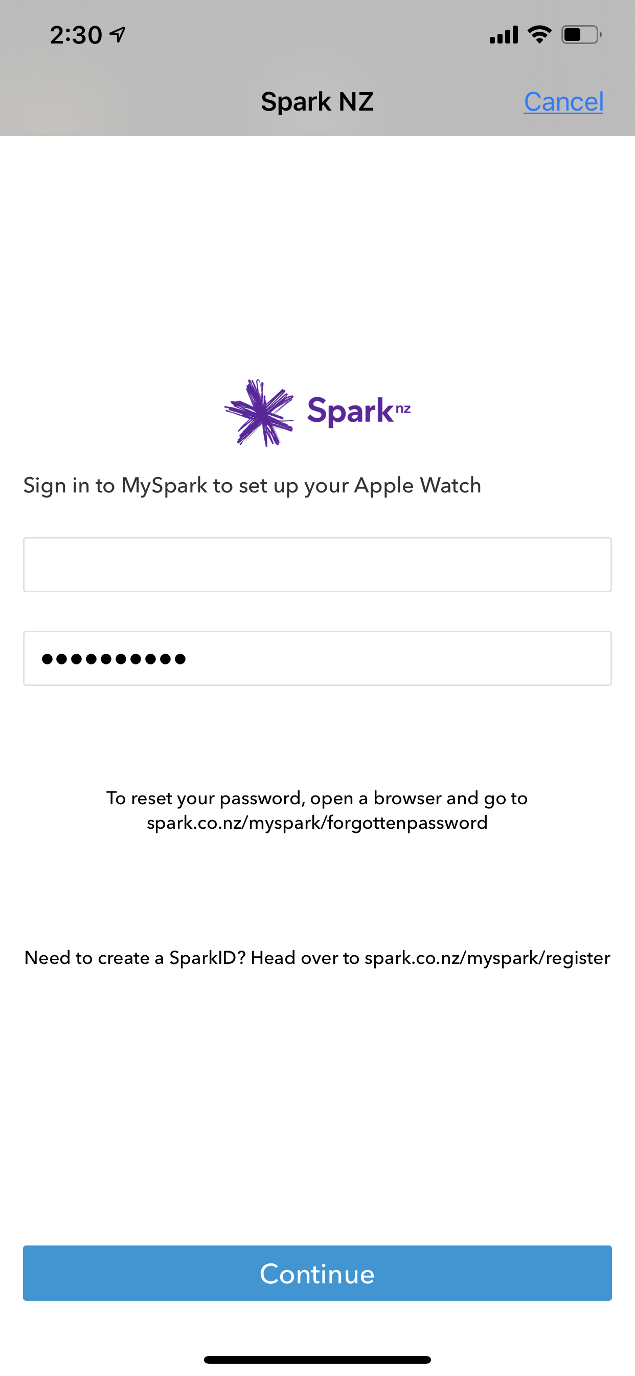 Spark log in screen