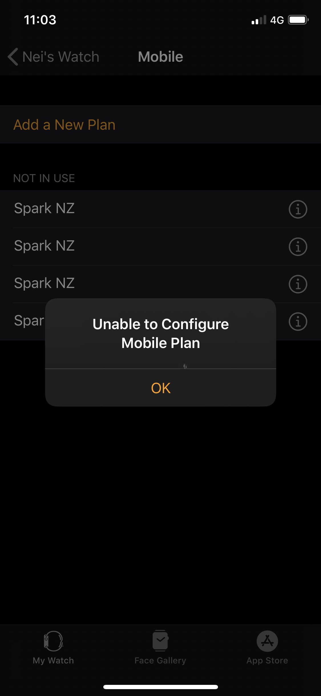 Unable to Configure Mobile Plan error message