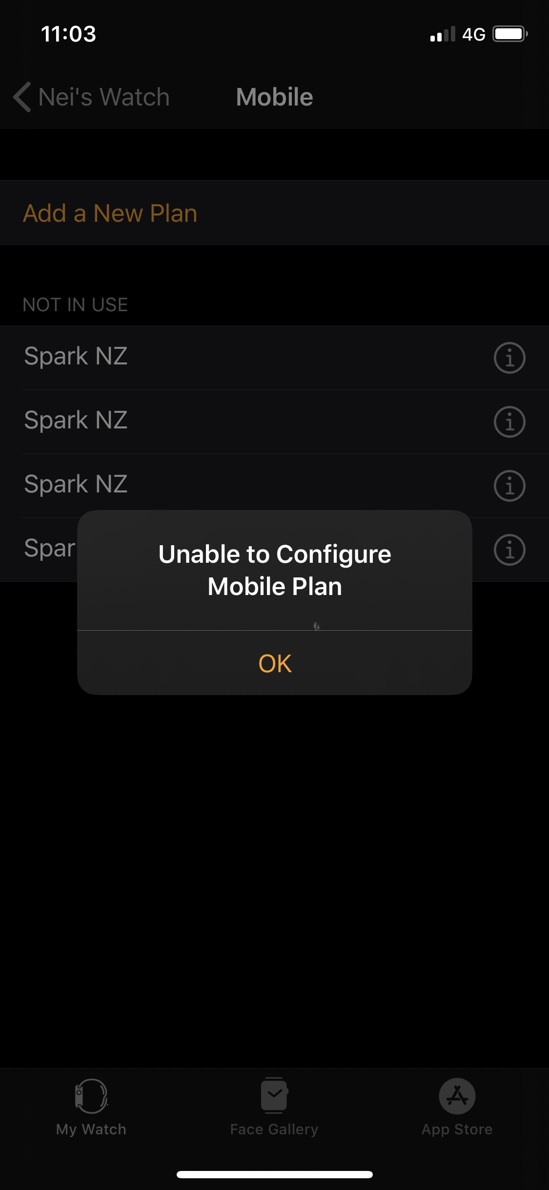 Unable to Configure Mobile Plan error message