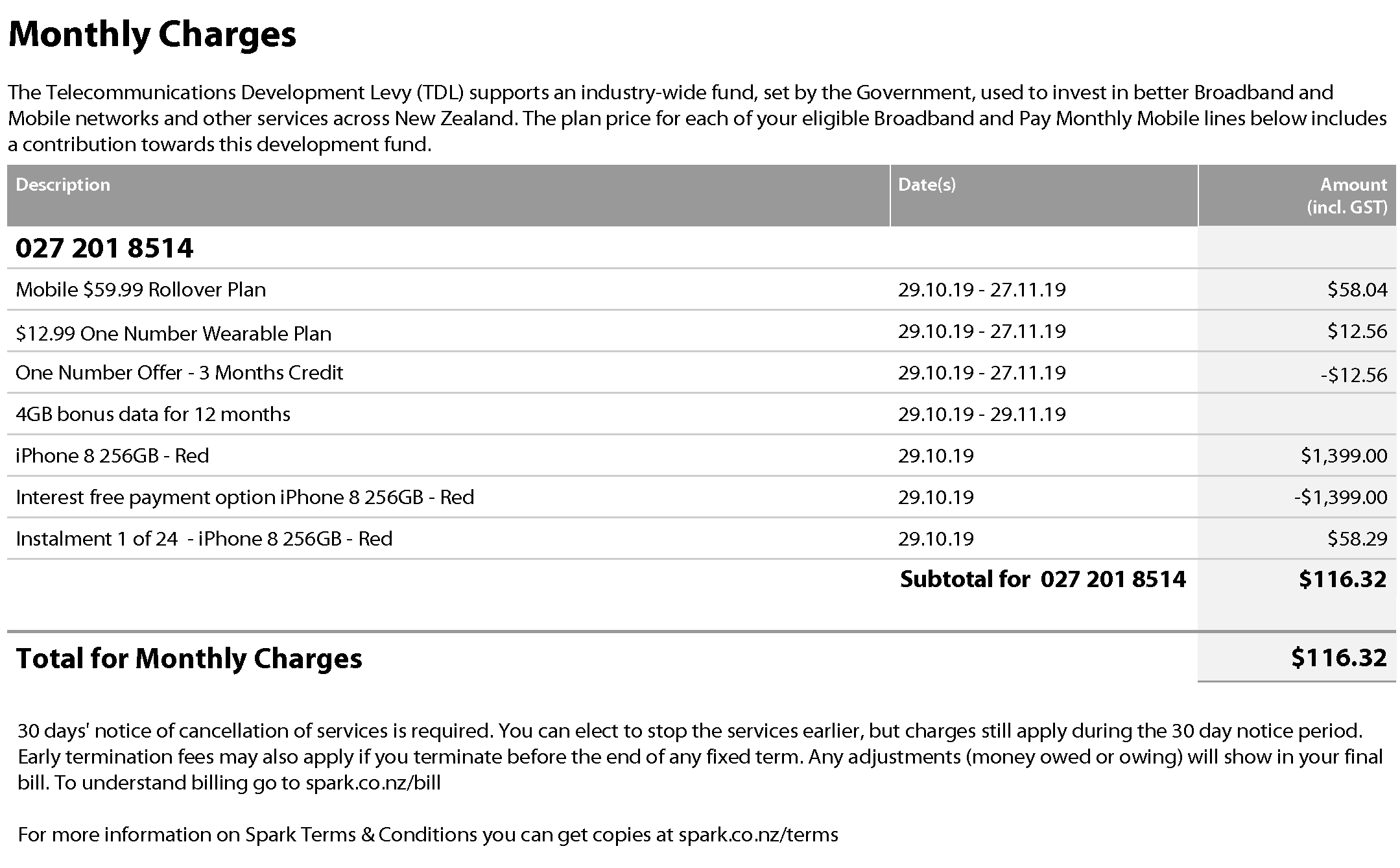 Example of Spark bill with One Number Wearable Plan