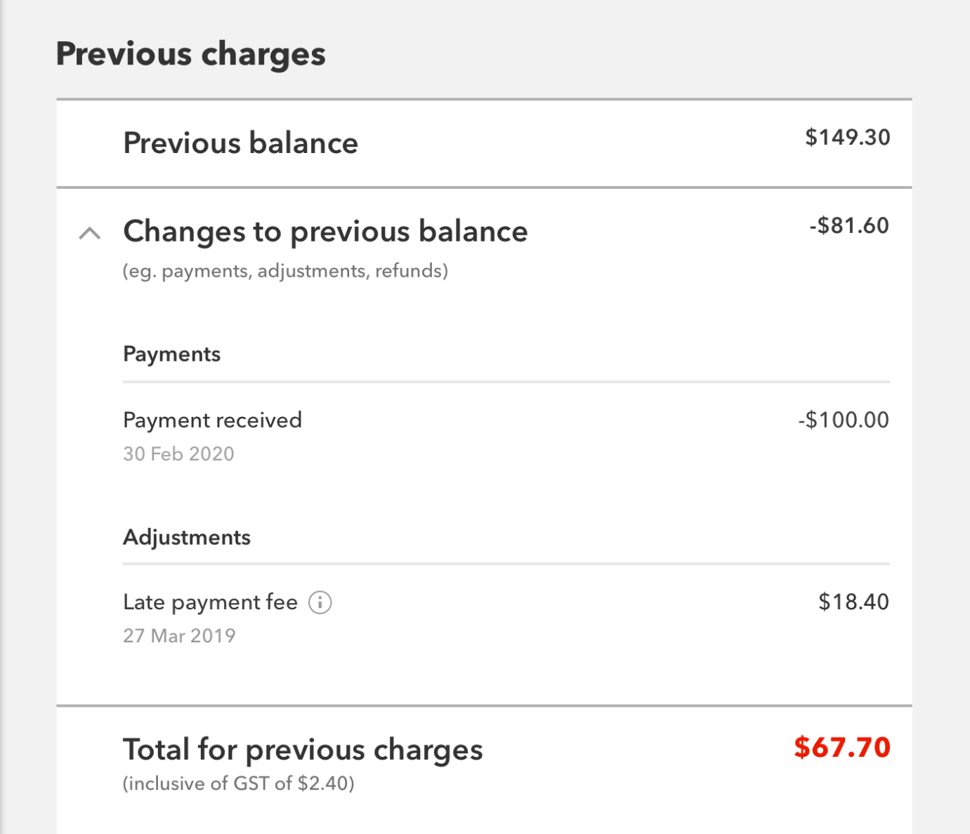 Spark bill showing changes since the last bill date