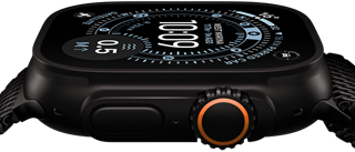 Apple Watch Ultra 3, side exterior, black titanium case,  compass on Orienteering watch face, side button and digital crown