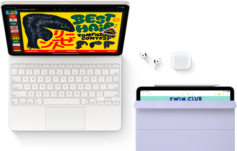 iPad Air attached to Magic Keyboard, with AirPods Pro, Apple Pencil Pro and Smart Folio accessories