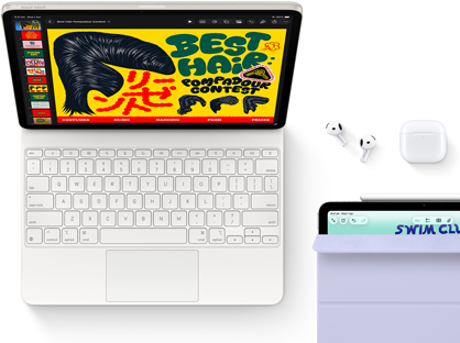 iPad Air, Starlight colour, colourful graphics on screen, attached to Magic Keyboard, Airpods Pro and Apple Pencil Pro accessories