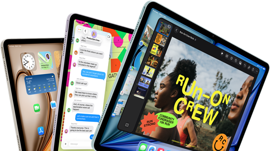 Three iPad Air displays in fan-like arrangement, colours: Blue, Purple, Starlight, front exterior, side exterior, apps on screen display include Keynote app, Messages and Home Screen