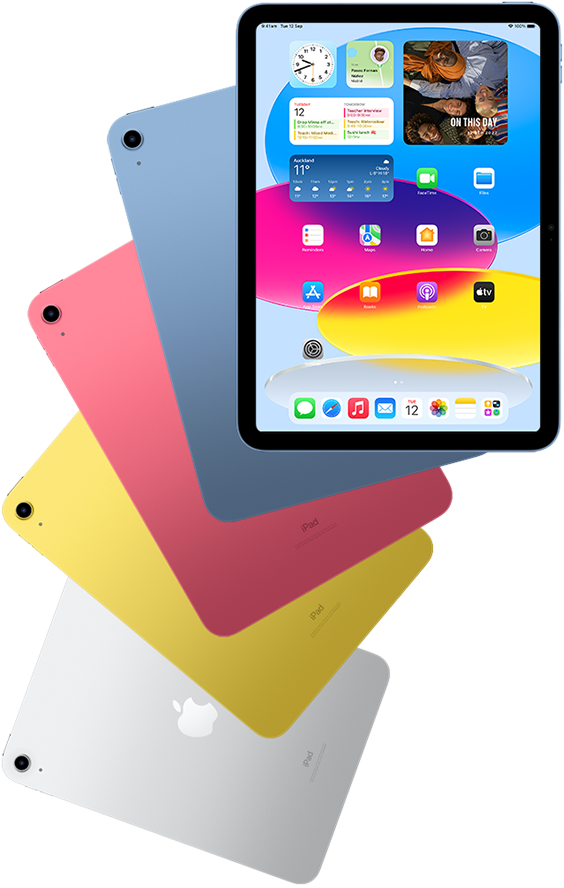 Front view iPad shows home screen with blue, pink, yellow, and silver rear-facing iPads devices behind it.