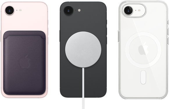 iPhone 17e, back exterior, soft pink colour, FineWoven Wallet with MagSafe attached, iPhone 17e, back exterior, black colour, MagSafe Charger attached, iPhone 17e, back exterior, white colour, Clear Case with MagSafe attached