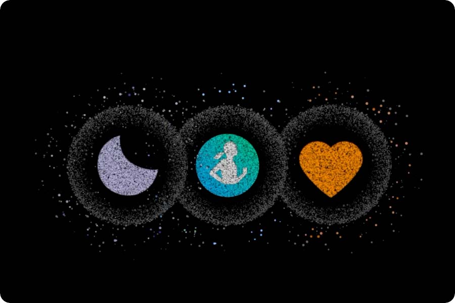 Three dotted app icons each for sleep tracking, Samsung Health and heart rate tracking are lined up. They collapse into one with sleep tracking icon on top. It turns to Samsung Health app icon and turns into a graph filling up the Energy score with a score of '92' showcasing the comprehensive wellness score.