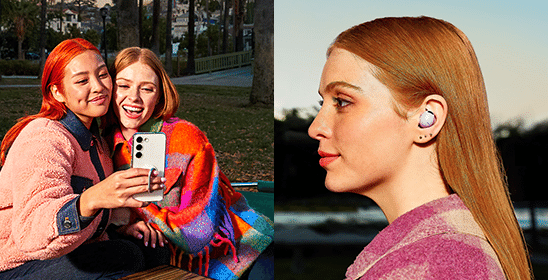 Two images, one showing two girls smiling looking at the phone with one holding the phone using a pop-out grip,the other showing a girl side-on with a Galaxy Bud in her ear.