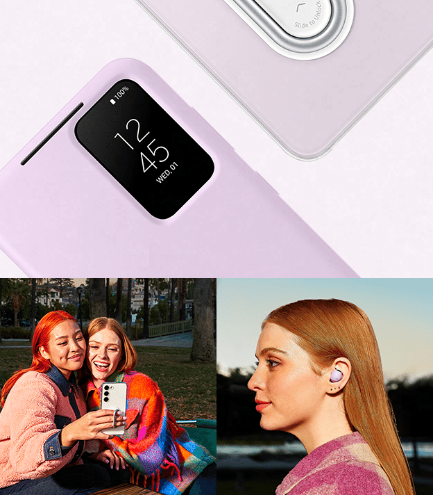 Three images, one showing two girls smiling looking at the phone with one holding the phone using a pop-out grip, the other showing a girl side-on with a Galaxy Bud in her ear, and a close-up image of Samsung S23 with time and date displayed digitally.