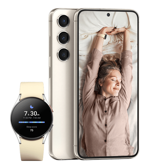 Image of a Samsung Galaxy watch, with the number of hours slept on the interface. A side slit view of the back of the Samsung Galaxy phone showing the three cameras, and a full size image of the front of the phone showing a woman wearing pajamas stretching while wearing a Galaxy Watch.