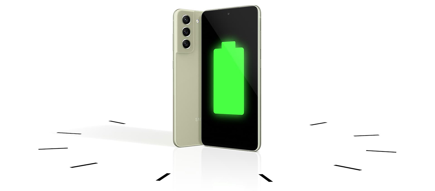 Green battery icon on screen, showing long lasting battery paired with an energy efficient processor. Work efficiently on the Samsung Galaxy S21 FE for business.