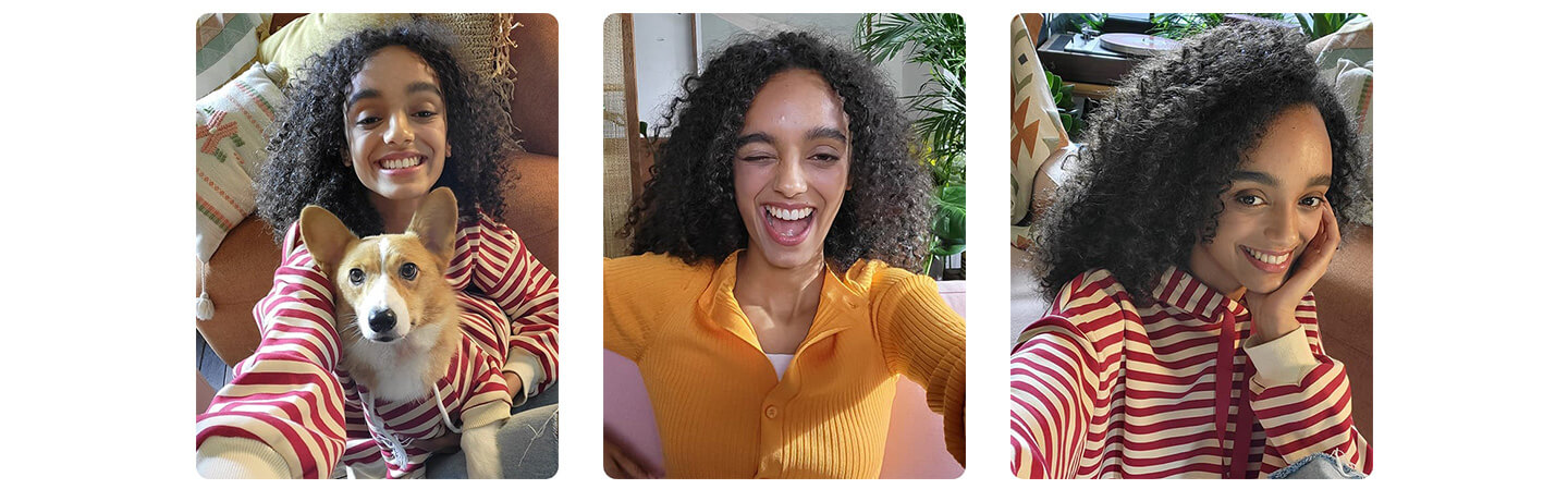 Three images of a curly haired lady taking selfies on her Galaxy S21 FE 5G
