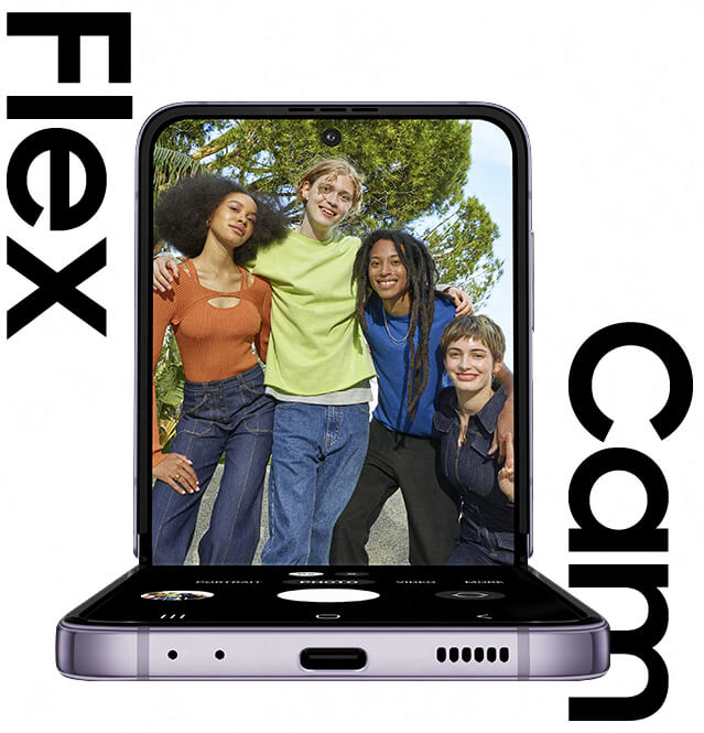 Flex cam, written in big font, showing a Galaxy Flip4 in flip mode with the flex camera in use, on the device display screen, an image of 4 vibrant stylish people smiling is projected.