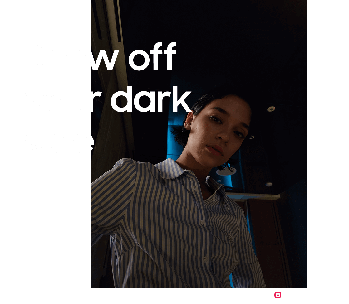 Big font saying, “Show off your dark side”. High resolution, lowlight portrait photo, taken with a Samsung Galaxy Z Flip4.