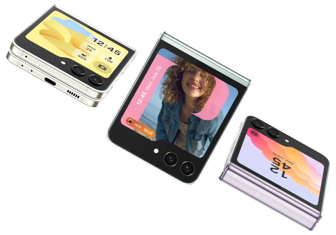 Image of three Galaxy Z Flip5s, demonstrating the new Flex Window