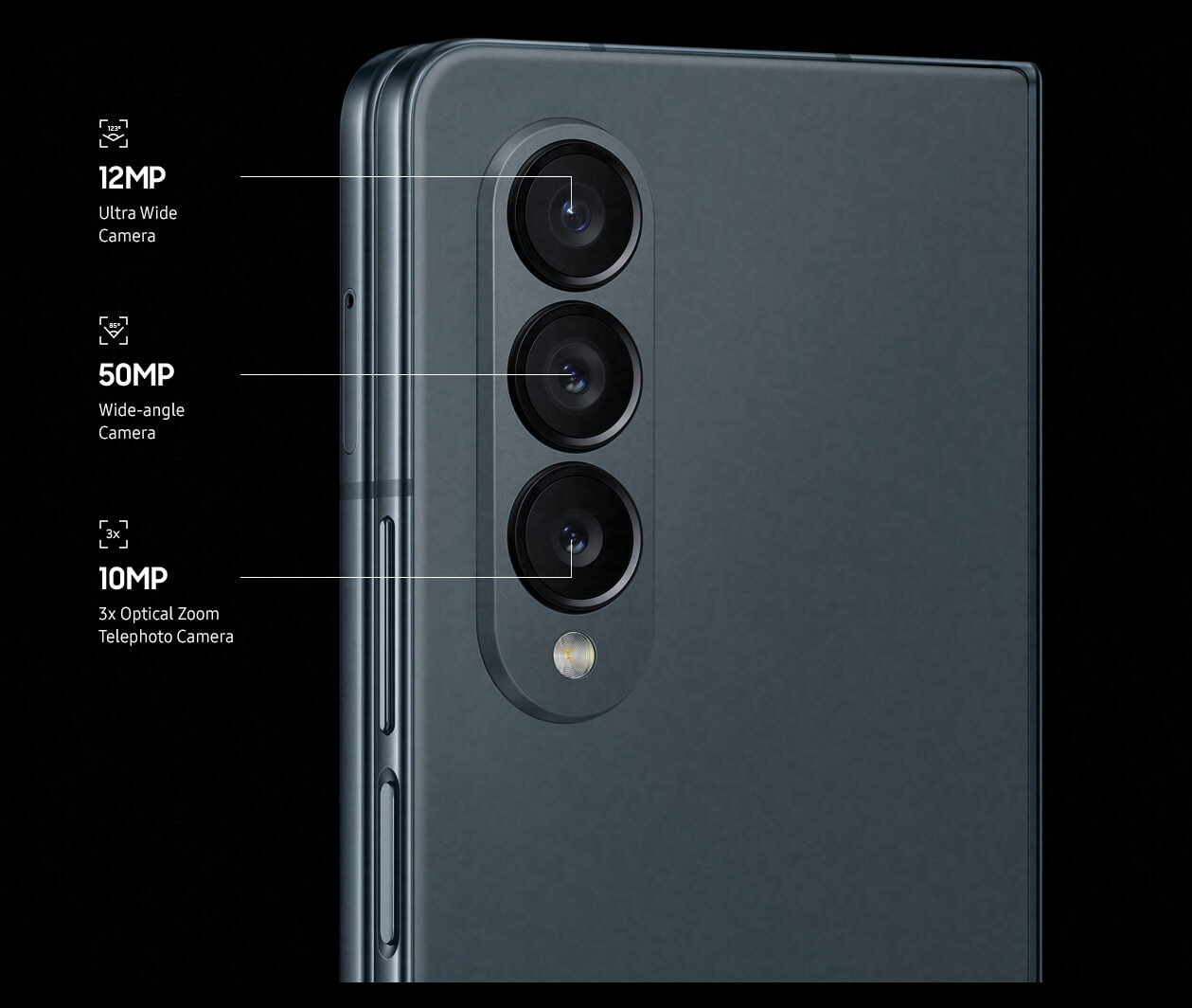 Showing 3 camera lenses on a Samsung Galaxy Z Fold4, with the multi-camera system. One is a 12MP Ultrawide camera, one is a 50MP Wide angle camera, and one is a 10MP 3-times optical zoom telephoto camera.
