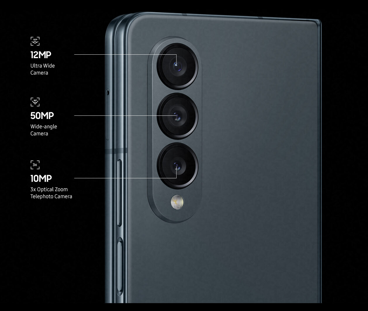 Showing 3 camera lenses on a Samsung Galaxy Z Fold4, with the multi-camera system. One is a 12MP Ultrawide camera, one is a 50MP Wide angle camera, and one is a 10MP 3-times optical zoom telephoto camera.
