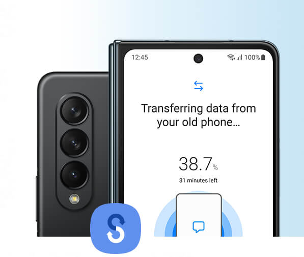 An S icon for the Samsung Smart switch is placed in front of a Galaxy Z Fold4, with the screen UI saying, “Transferring data from your old phone.” Switching saved files, apps and data from previous phones to the new Z fold4 is simple.