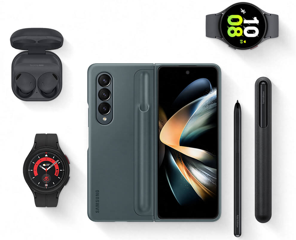 One Samsung Galaxy Z Fold4 phone is surrounded by, compatible new Samsung smart accessories. All accessories sold separately.