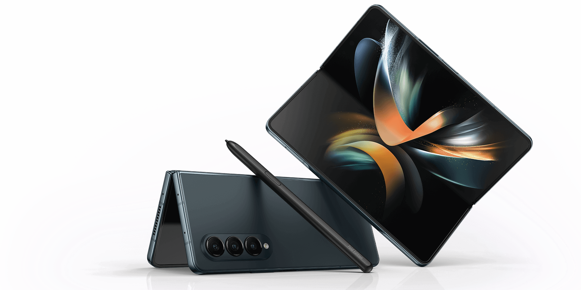 Two Samsung Galaxy Z Fold4s on display, one is semi folded facing down with an S Pen placed onto it that’s sold separately. The other Z Fold4 is mostly opened, in Flex mode, with screen facing towards viewer.