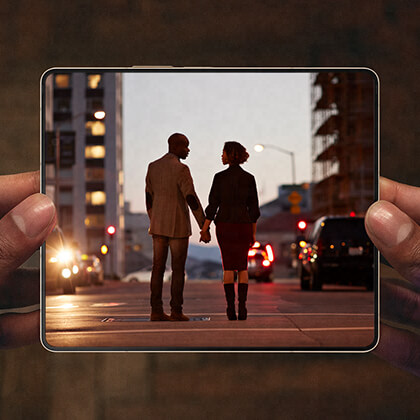A pair of hands delicately holding a wide opened Galaxy Z Fold4 with thumbs and index fingers only. The screen is displaying a high-definition image of a couple on a pedestrian crossing, at dusk holding hands while looking at each other.