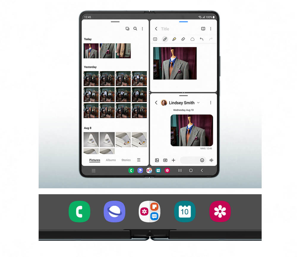 The Samsung Galaxy Z Fold4 has multi split screen functions. This shows a display placed into 3 tiles, demonstrating multitasking capabilities and ability to inspect in detail.