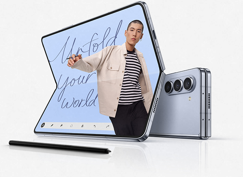 Image of Galaxy Z Fold5 with an S Pen beside it