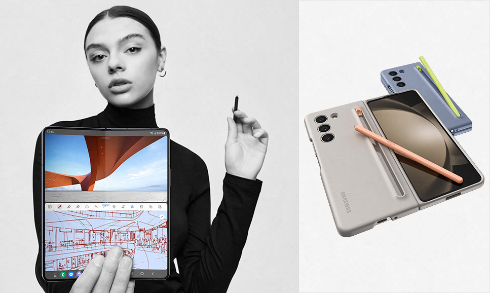 Image of a woman holding an open Galaxy Z Fold5 to camera in one hand and an S Pen in the other, Image of two Galaxy Z Fold5s with S Pens