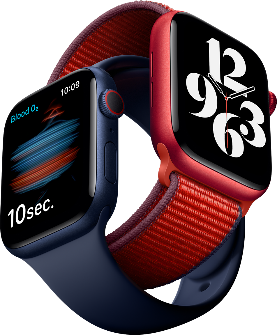 Apple Watch series 6, in red and black, featuring the new blood oxygen sensors, for better health.