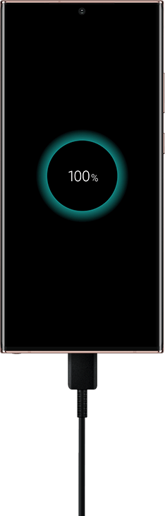 A vivid outline of the Samsung Note20 ultra mobile phone, highlighted and contrasting a black background. Screen displays is also in black, showing a 100% charge icon, in an eclipse like halo glow. Visually representing both; mystical energy as well as, an out of this world battery performance.