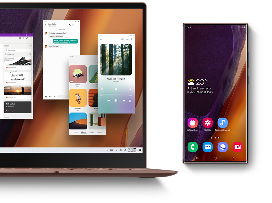A Samsung Note20 phone next to a laptop, synchronised for cross-device functionality.