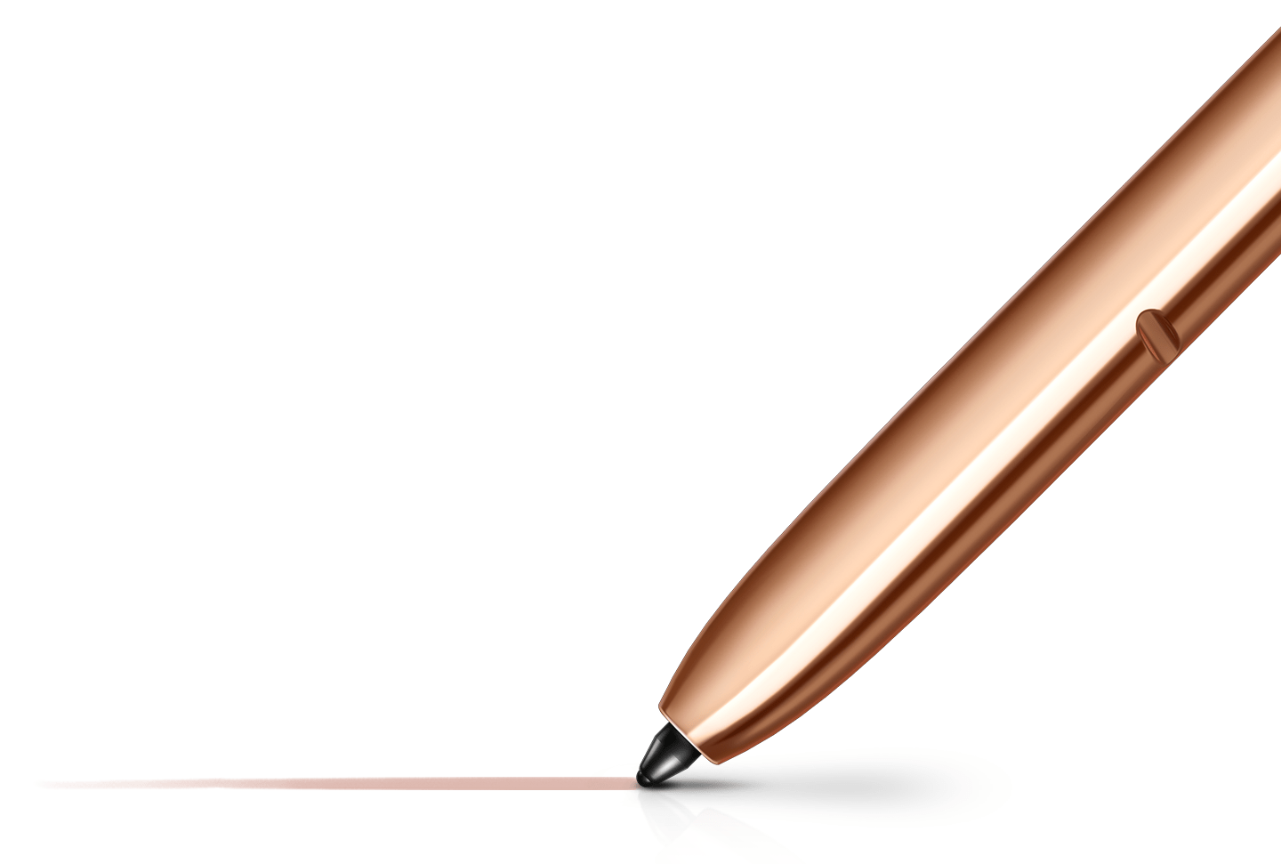 A close-up look of a Samsung Note20’s Mystic gold S pen’s tip overlaying a hyper white background, drawing a feathered line. A smart pen with incredible connectivity capabilities.