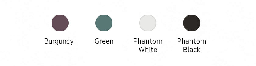 Colour pallet showing available colours on the Galaxy S22 Ultra. Available in Burgundy, Green, Phantom white and Phantom Black.