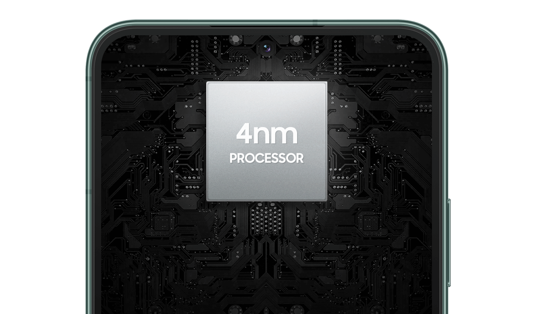4nm processer chip illustrating the Samsung Galaxy S22 operates with the fastest chip on a Galaxy.