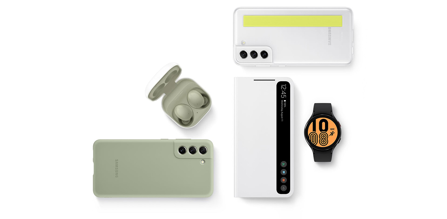 A group of accessories including the Galaxy buds 2, Watch 4 and protective cases