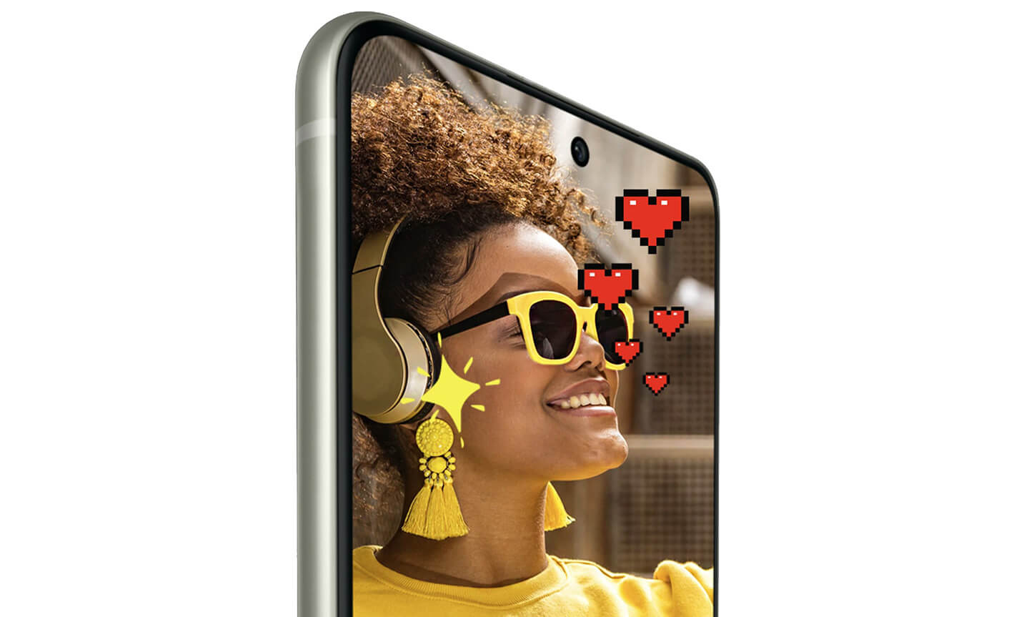 A happy young woman on a 6.4 inch smartphone screen, from the Samsung Galaxy S21 FE, displaying vibrant colours and graphics.