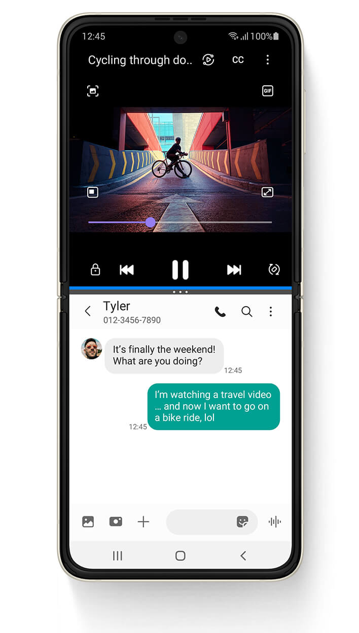 Multi task on the split screen. Text while watching videos on the Samsung Galaxy Flip 3.