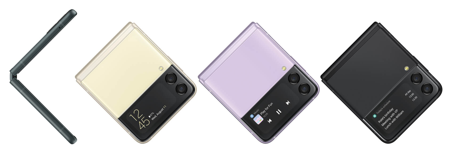 Four unique colours available for the Samsung Z Flip 3. Green, cream, Lavender and Phantom Black.
