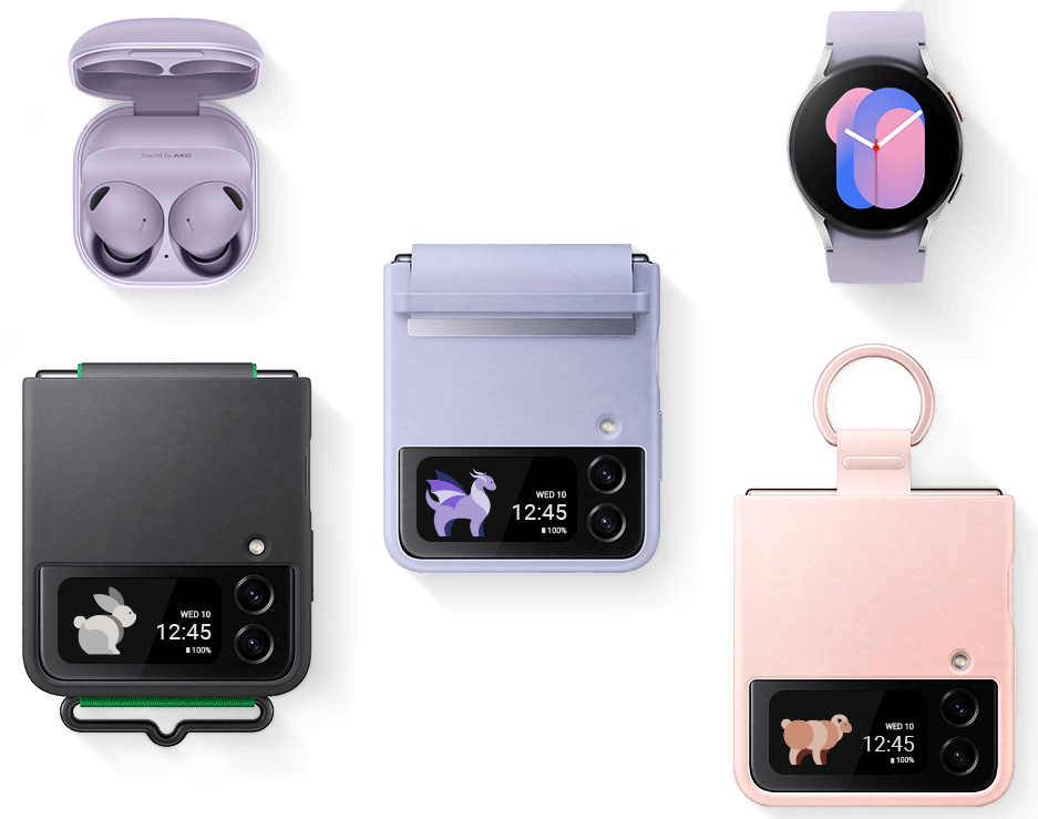Image of the accessories and cases, available for purchase separately for the Samsung Galaxy Z Flip4 in various colours. Including the new Buds2 ear buds, and the Watch5 Smartwatch from Samsung.