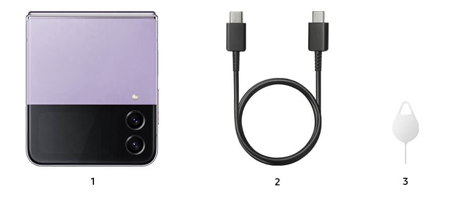 Included in the box, with the purchase of the Samsung Galaxy Z Flip4, listed in numbers, 1.) A Samsung Galaxy Z Flip4 smartphone 2.) A data cable 3.) A sim ejector pin