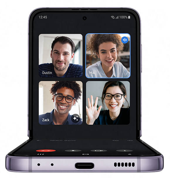 Z Flip4, in flip mode, allows for group video caller views. The flip mode screen shows 4 different users on the same screen in a group call.