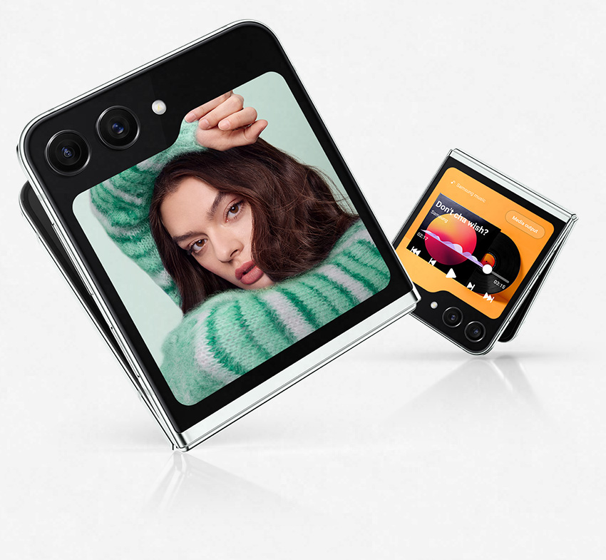 Image of a Galaxy Z Flip5 displaying a selfie on its cover screen with a smaller one behind