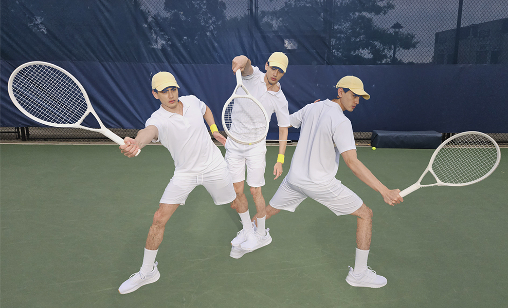 Image of tennis player with three different angles shown in one photo