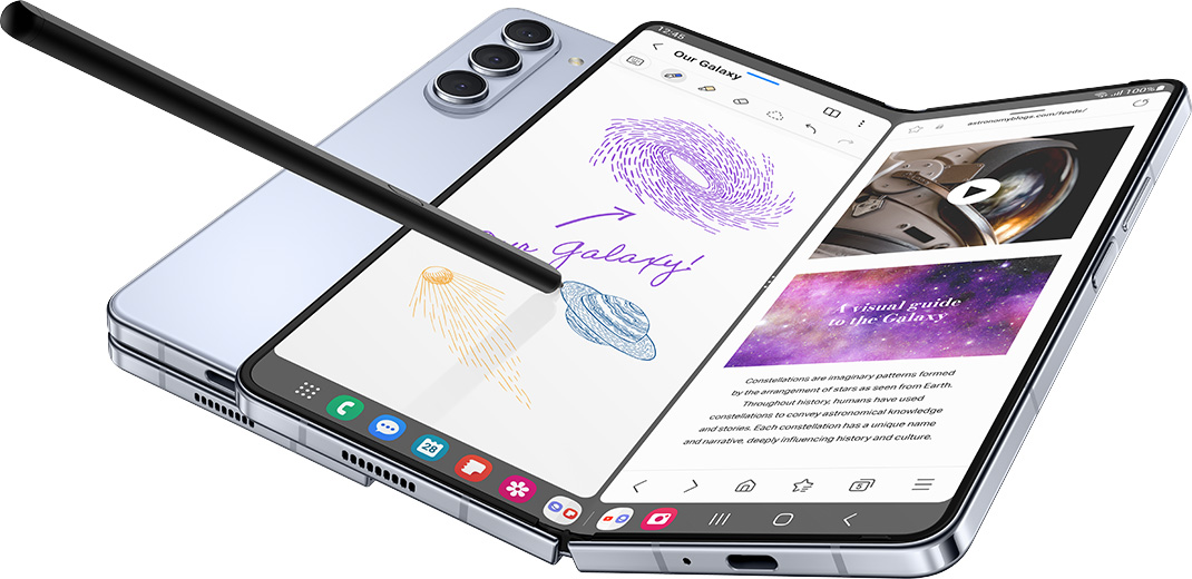 Image of a Galaxy Z Fold5 open with an S Pen drawing