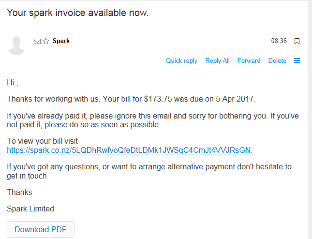 Fake Spark invoice email