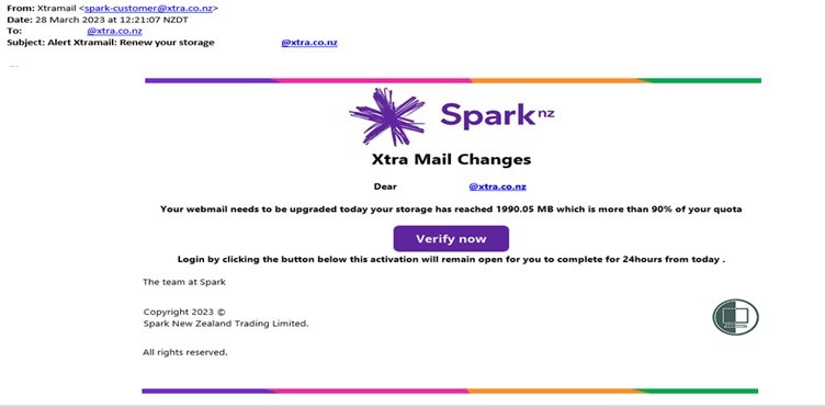 Xtra Mail storage scam screenshot