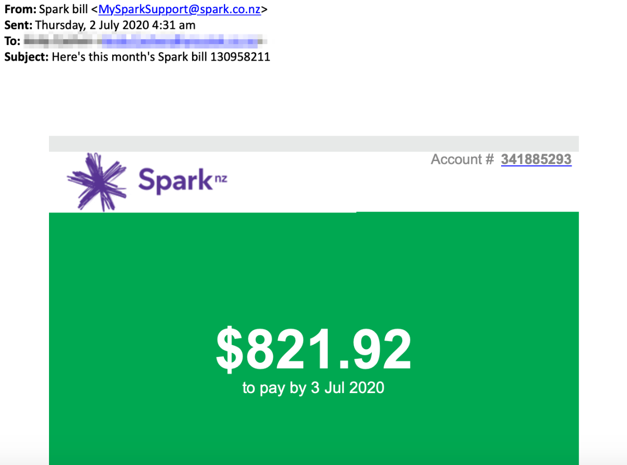 Scam email with subject line "Here's this month's Spark bill 130958211"