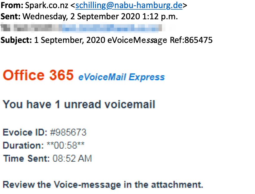 Scam email with subject line "1 September, 2020 eVoiceMessage Ref:865475"