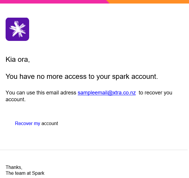 Scam email with subject line "You have no more access to your spark account"